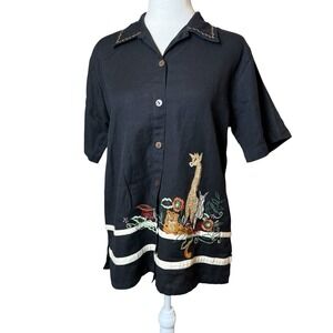Mileage Black Linen Blend Embroidered Button Up Shirt Large Safari Animals